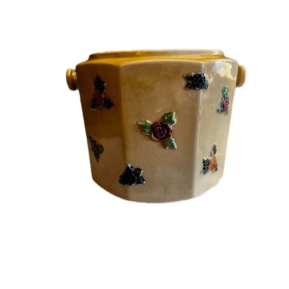VINTAGE handpainted YELLOW BISCUIT JAR WITH RATTAN HANDLE